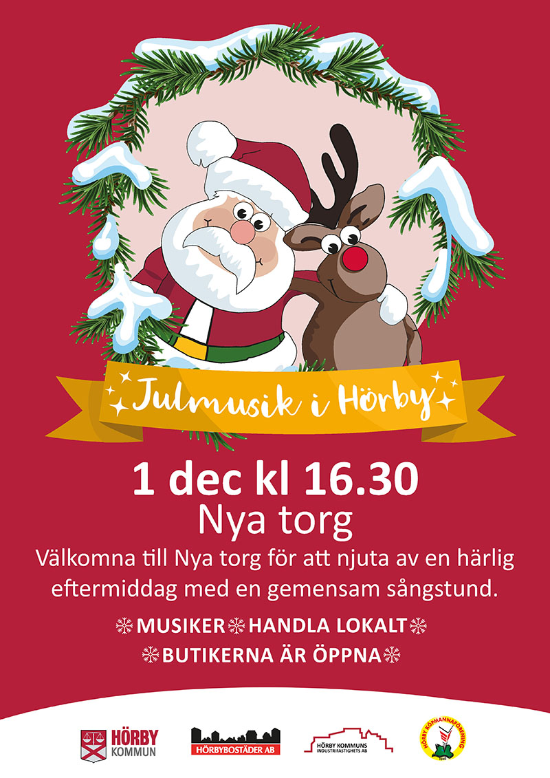 Ritad bild med tomte, ren och program för julmusik i Hörby